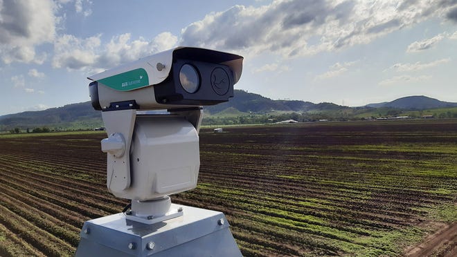 A laser device named AVIX Autonomic Mark II from the company Bird Control Group stands over a farm field. The lasers help deter birds, which can limit the spread of avian influenza.