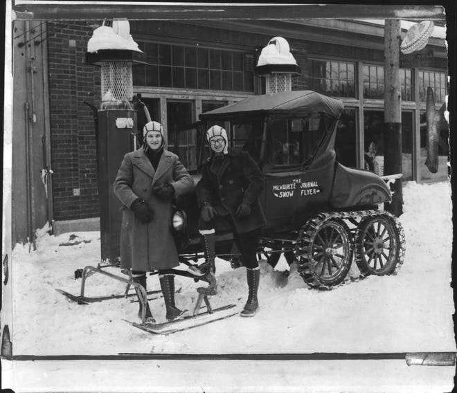 1929. The Milwaukee Journal Snow Flyer became famous when large sections of Wisconsin were snowbound. Reporter R.G. Lynch (right) and photographer Frank Scherschel rode the vehicle, shown at New Holstein, on an assignment to find out how people in the country were handling the weather.