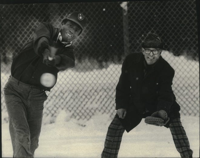1979. Brewer outfielder Ben Oglivie, chairman of the March of Dimes Softball Tournament, took a mighty whack at a plastic ball in the snow in Brown Deer Park.