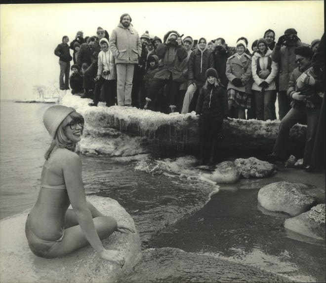 1981. Jonelle Hoskins got a warm reception as she posed on the ice near Bradford Beach.