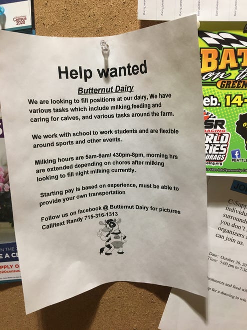 A flyer on a convenience store bulletin board in Abbottsford seeks workers for Butternut Dairy in Edgar.