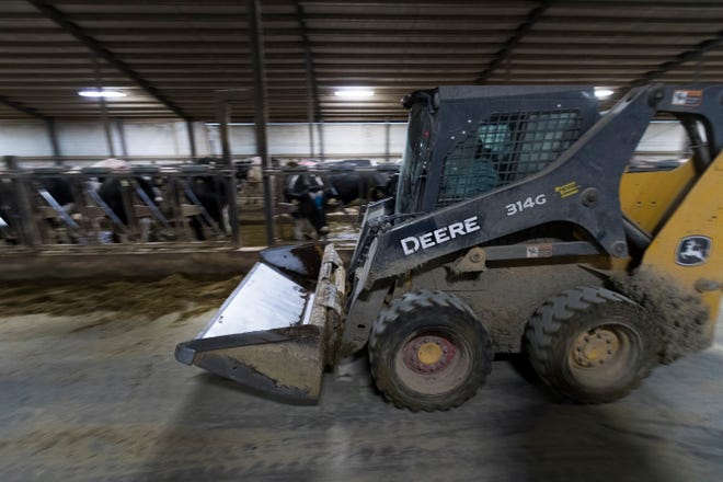 A worker drives a skid loader in one of three barns at Drake Dairy Inc.