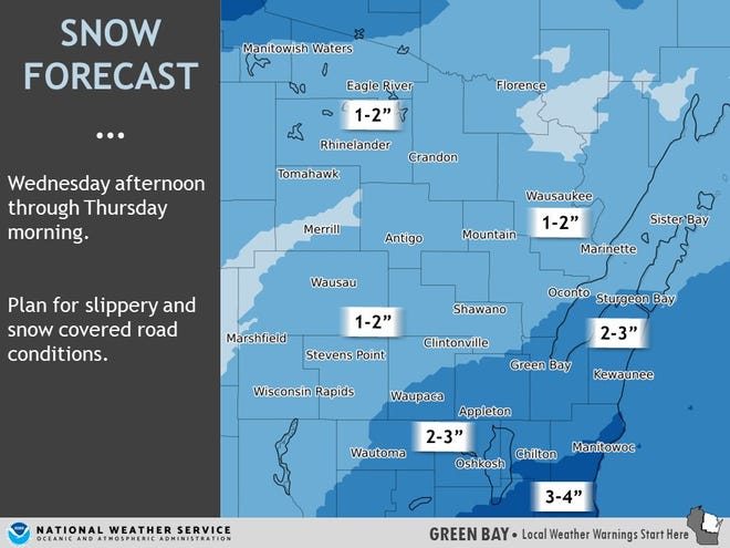One to three inches of snow is expected to hit areas of Wisconsin Wednesday afternoon.