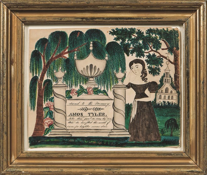 This watercolor is a mourning picture made about 1830. It is in a 7- by 9-inch frame. The picture sold for more than $22,000.