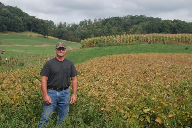 Because much of his land is steeply sloped and because a stream -- part of the Honey Creek Watershed -- runs through the farm, Roger Bindl takes care to farm with no-till practices, contour strips and cover crops.