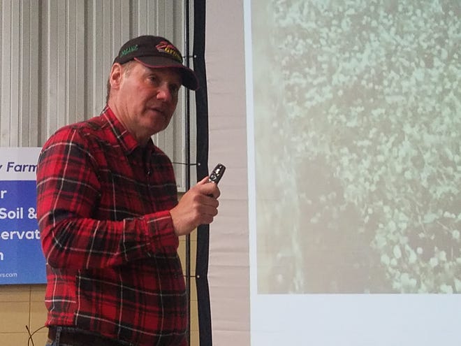 Indiana farmer Rick Clark shares his ideas on no-till and crop rotations during the Soil Health Expo in Juneau last week.  His goal is to build the soil health on his farm to the point that he doesn’t need any herbicides or fertilizers.